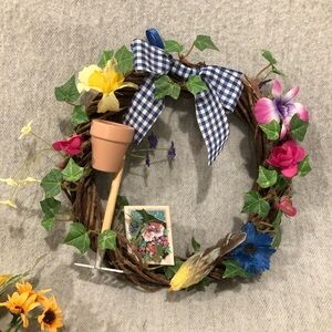 NWOT - Colorful Floral Garden Wreath with Gingham Bow